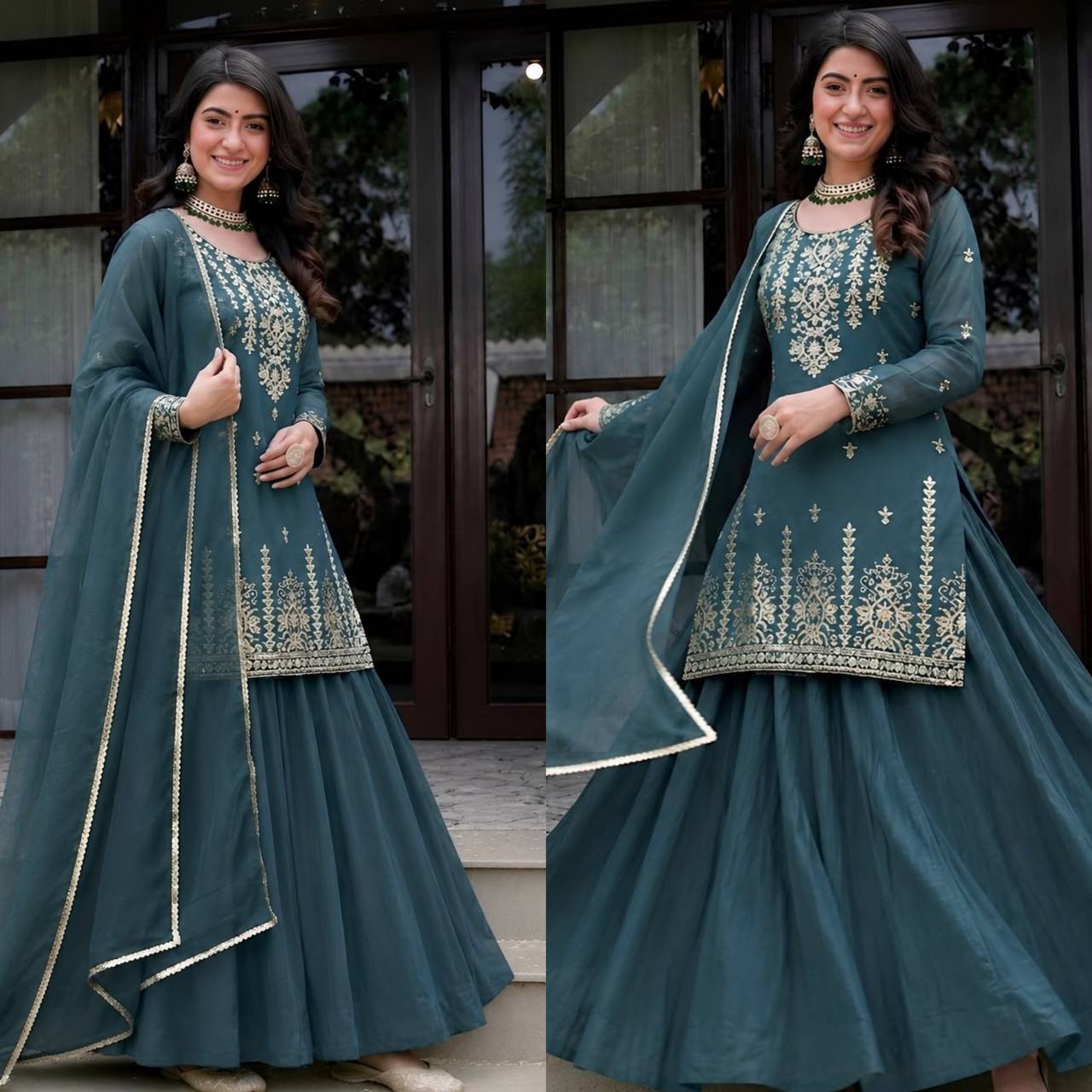 Exquisite Rama Green Peplum Kurti and Flared Skirt Set Adorned with Intricate Gold Zari Embroidery and a Matching Sheer Dupatta